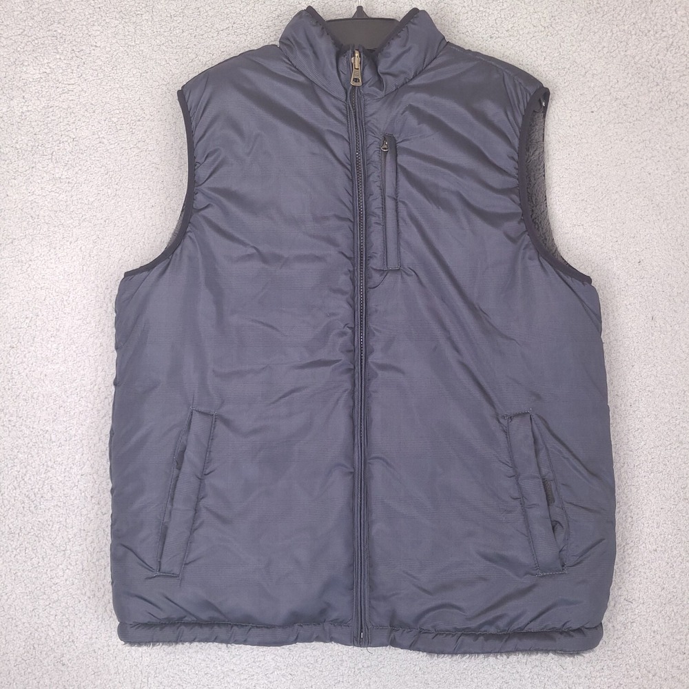 Weatherproof Puffer Vest Mens Large Reversible Black Gray Fleece Faux Fur